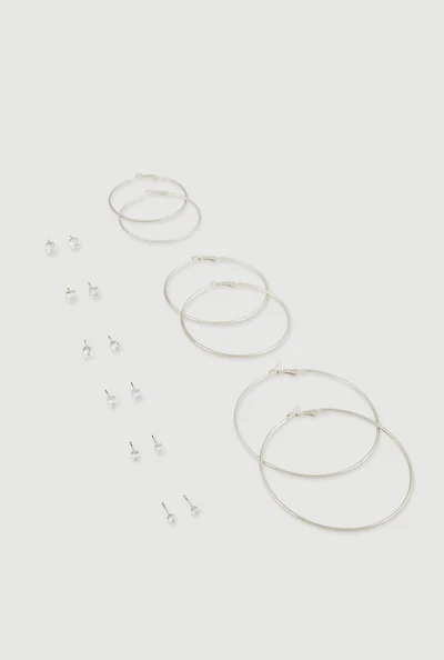 Cubic Zirconia Stud Earrings and Metallic Hoops Set of 9