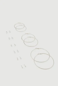 Cubic Zirconia Stud Earrings and Metallic Hoops Set of 9