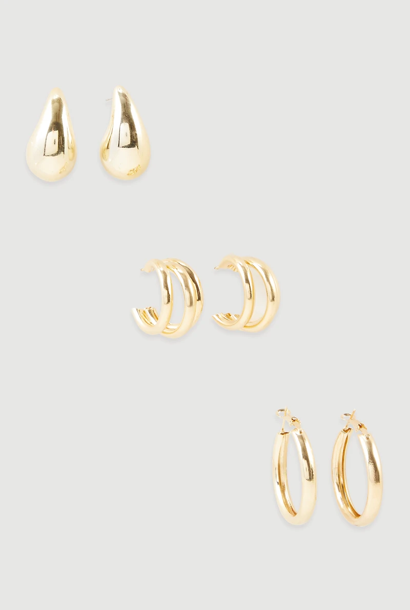 Assorted Metallic Hoop and Drop Earrings Set of 3