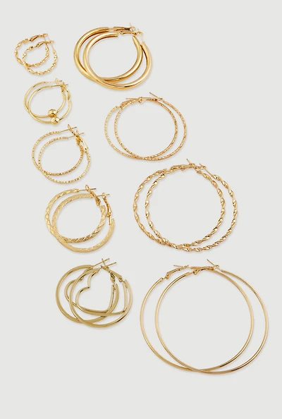 Assorted Metallic Hoop Earrings Set of 9