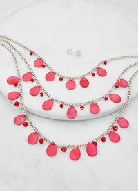Womens Teardrop Shell Layered Necklace and Stud Earrings, Red