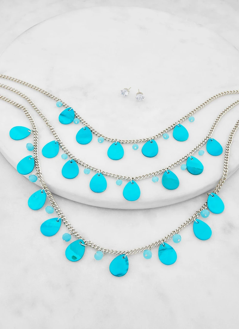 Teardrop Shell Layered Necklace and Stud Earrings