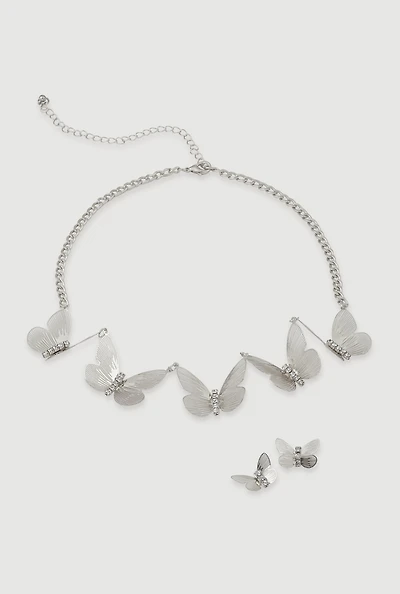 Cubic Zirconia Butterfly Chain Necklace and Stud Earrings
