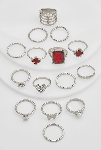Cubic Zirconia Assorted Metallic Rings Set of 15