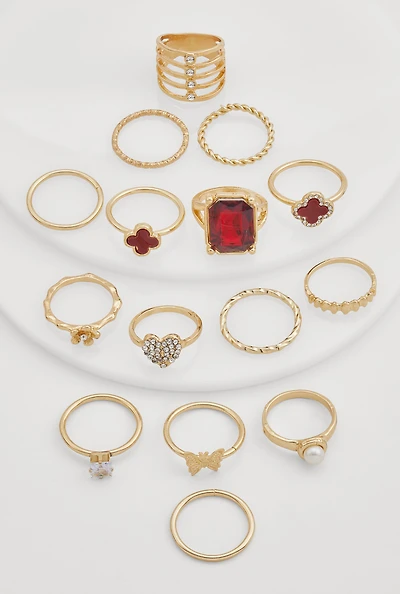 Cubic Zirconia Assorted Metallic Rings Set of 15