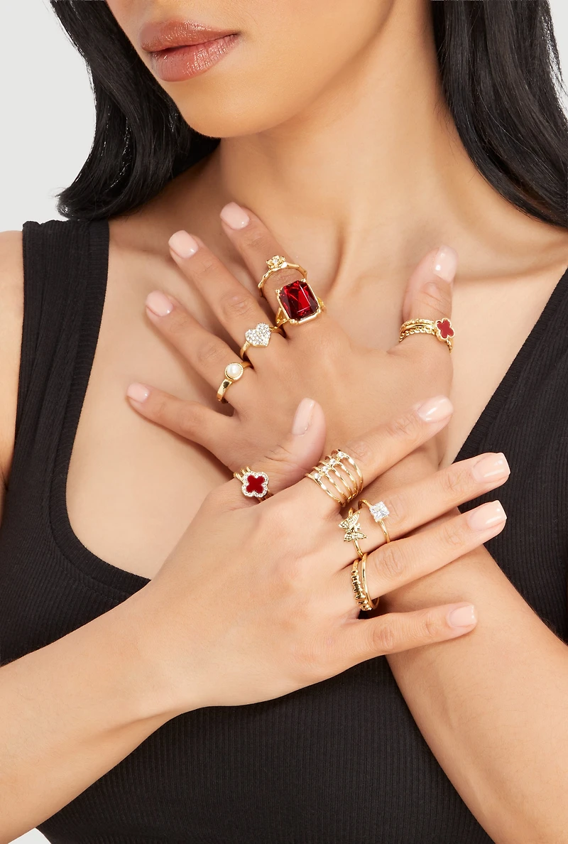 Cubic Zirconia Assorted Metallic Rings Set of 15