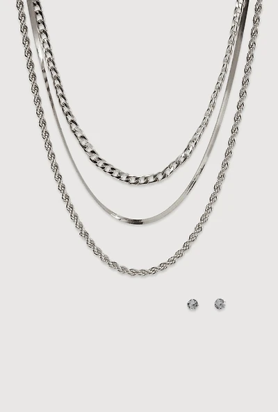 Layered Chain Necklace and Stud Earrings Set