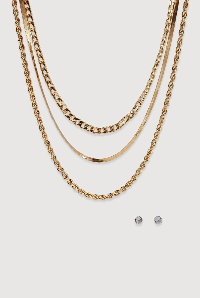 Layered Chain Necklace and Stud Earrings Set