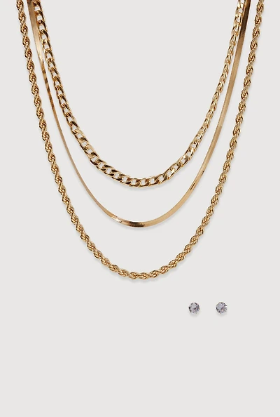 Layered Chain Necklace and Stud Earrings Set