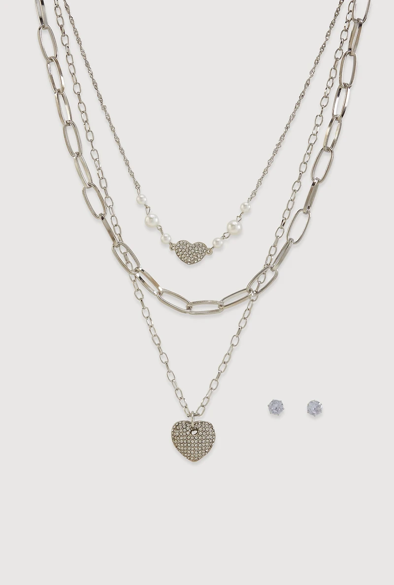 Heart Pendant Chain Link Layered Necklace and Stud Earrings