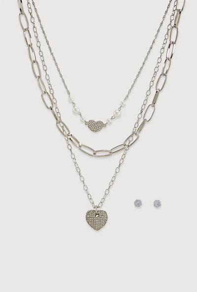 Heart Pendant Chain Link Layered Necklace and Stud Earrings
