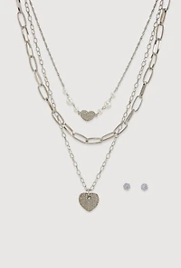 Heart Pendant Chain Link Layered Necklace and Stud Earrings