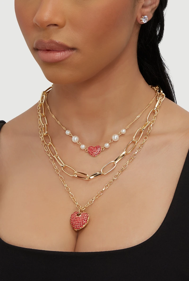 Heart Pendant Chain Link Layered Necklace and Stud Earrings