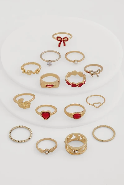 Assorted Love Heart Bow Rings Set of 15
