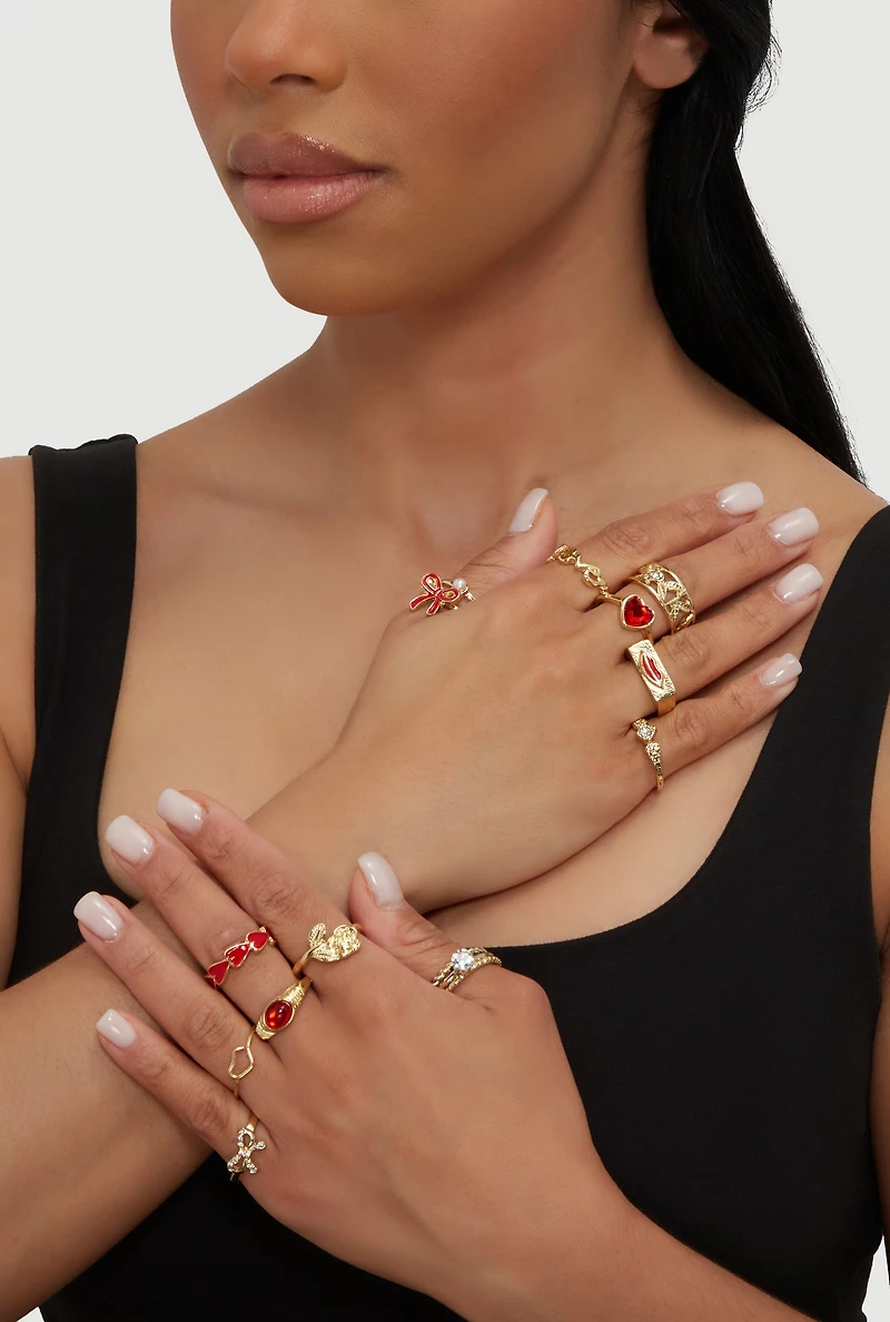 Assorted Love Heart Bow Rings Set of 15