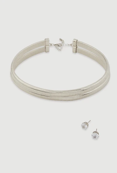 Double Snake Chain Necklace and Stud Earrings