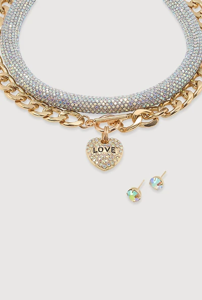 Womens Metallic Love Necklace and Earrings Set, Gold