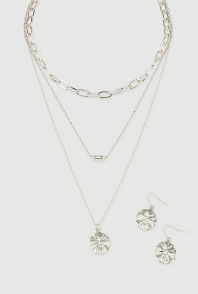 Womens Circle Pendant Layered Necklace and Drop Earrings, Silver
