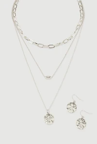Womens Circle Pendant Layered Necklace and Drop Earrings, Silver