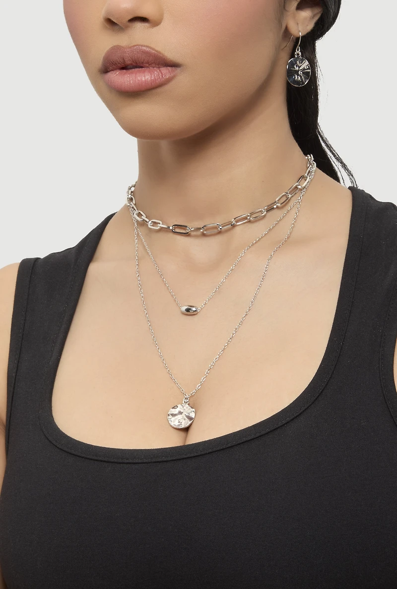 Womens Circle Pendant Layered Necklace and Drop Earrings, Silver