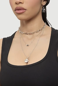 Womens Circle Pendant Layered Necklace and Drop Earrings, Silver