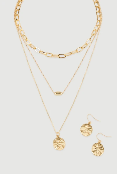 Womens Circle Pendant Layered Necklace and Drop Earrings, Gold