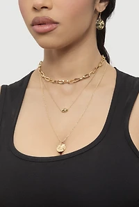 Womens Circle Pendant Layered Necklace and Drop Earrings, Gold