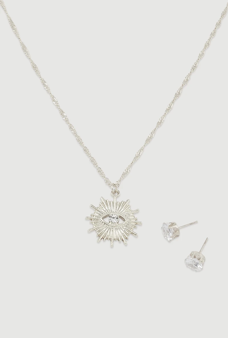 Womens Cubic Zirconia Charm Necklace and Stud Earrings, Silver