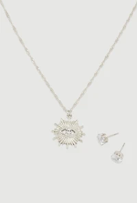 Womens Cubic Zirconia Charm Necklace and Stud Earrings, Silver