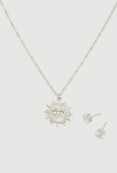 Cubic Zirconia Charm Necklace and Stud Earrings