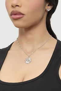 Womens Cubic Zirconia Charm Necklace and Stud Earrings, Silver