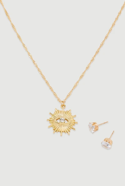 Womens Cubic Zirconia Charm Necklace and Stud Earrings, Gold