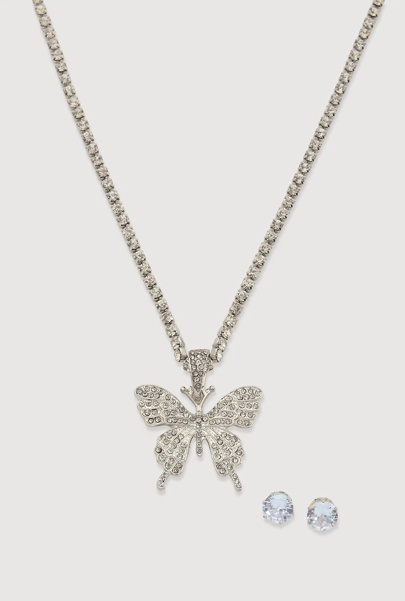Womens Cubic Zirconia Butterfly Necklace and Stud Earrings, Silver