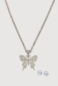 Womens Cubic Zirconia Butterfly Necklace and Stud Earrings, Silver