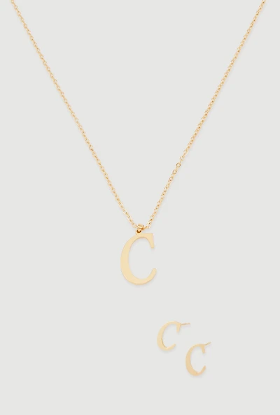 C Initial Necklace and Stud Earrings Set