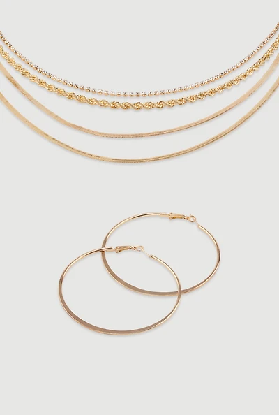 Womens Cubic Zirconia Twisted Layered Necklace with Flat Hoop Earrings, Gold
