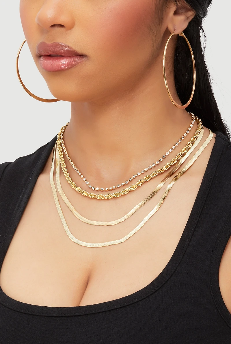 Womens Cubic Zirconia Twisted Layered Necklace with Flat Hoop Earrings, Gold