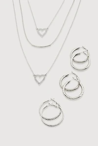 Heart Charm Layered Necklace and Hoop Earrings Set of 4