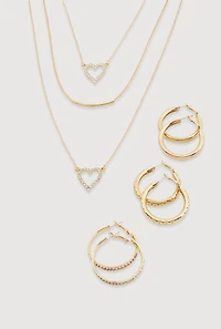 Heart Charm Layered Necklace and Hoop Earrings Set of 4