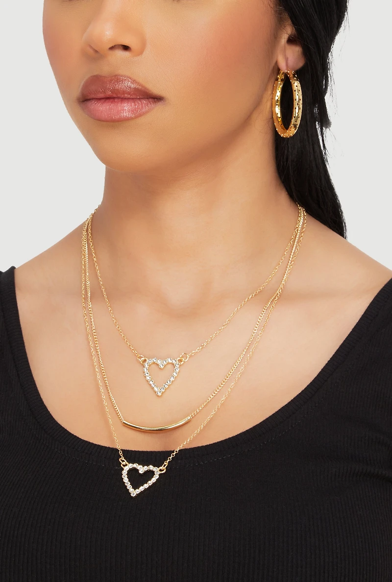 Heart Charm Layered Necklace and Hoop Earrings Set of 4