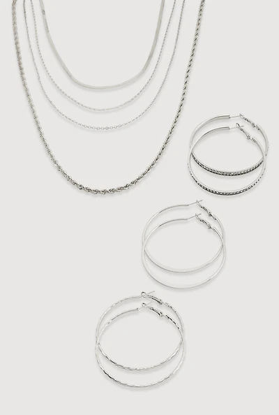 Textured Layered Necklace and Hoop Earrings Trio