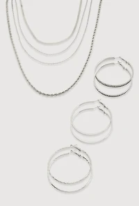 Textured Layered Necklace and Hoop Earrings Trio