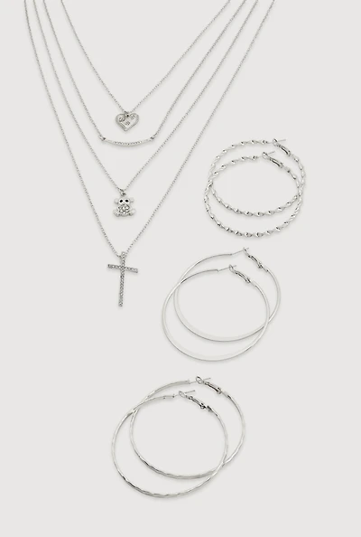 Metallic Charm Layered Necklace and Hoop Earrings Trio