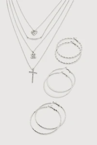 Metallic Charm Layered Necklace and Hoop Earrings Trio