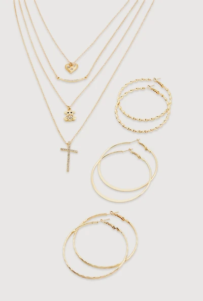 Metallic Charm Layered Necklace and Hoop Earrings Trio
