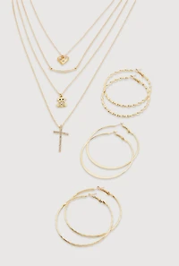 Metallic Charm Layered Necklace and Hoop Earrings Trio
