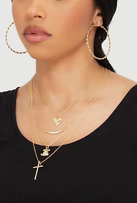 Metallic Charm Layered Necklace and Hoop Earrings Trio
