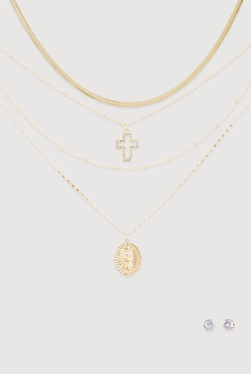 Cubic Zirconia Cross Layered Necklace and Stud Earrings Set