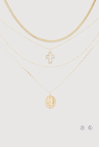 Cubic Zirconia Cross Layered Necklace and Stud Earrings Set