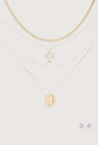 Cubic Zirconia Cross Layered Necklace and Stud Earrings Set